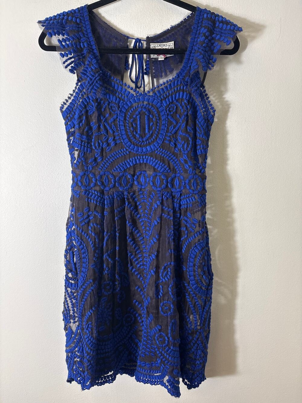 Baraschi Blue and Black Embroidered Mini Dress Sz 4